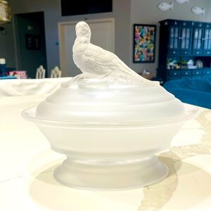 Vintage Imperial Glass Frosted Covered Pheasant Dish